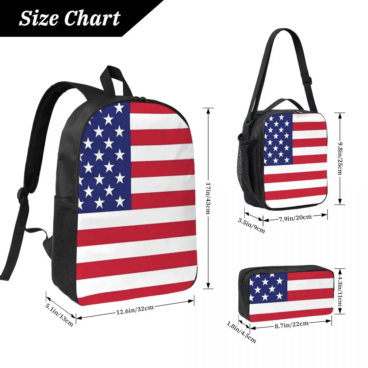 American Flag Stars And Stripes Backpack Student BookBag School Bag Laptop Shoulder Bags 3ps Insulated Lunch Bag Pencil Case