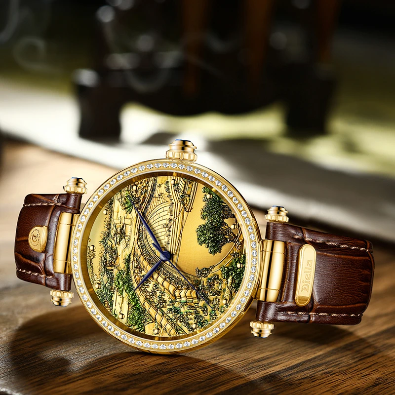 Women's Automatic Watch 3D Embossed Qingming Dial Sapphire Glass 5ATM Waterproof Leather Strap