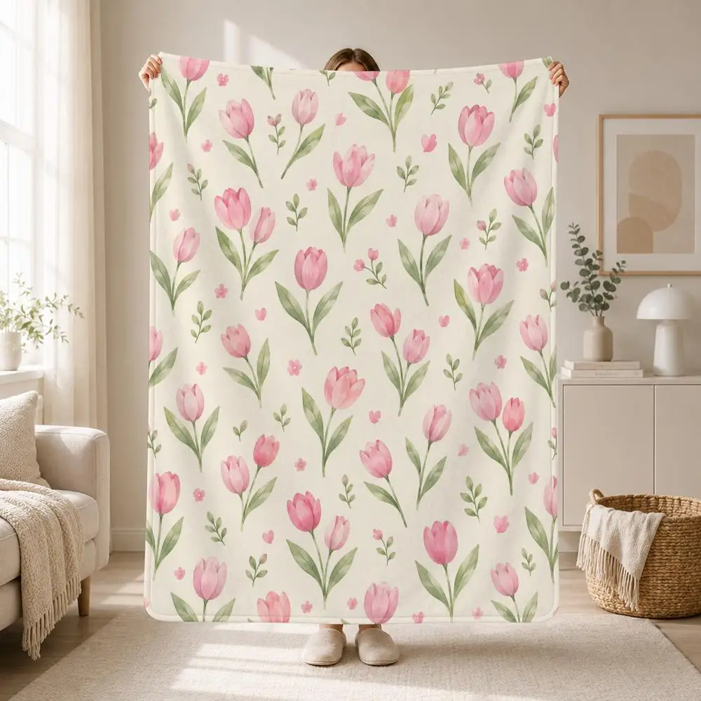Elegant Botanical Floral Pattern Tulip Floral Throw Soft Plush Flannel Throw Blanket Sofa Bed Travel Home Decor