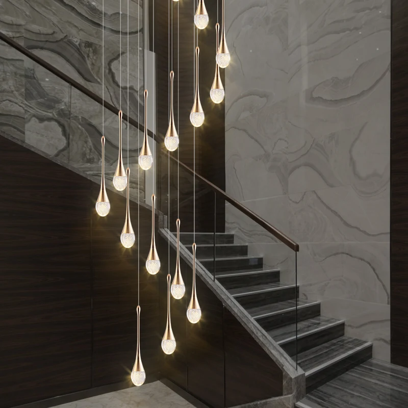 

Modern Villa Chandelier Household Hanging Light Duplex Golden Loft Chandelier Minimalist Creative Crystal Staircase Pendent Lamp