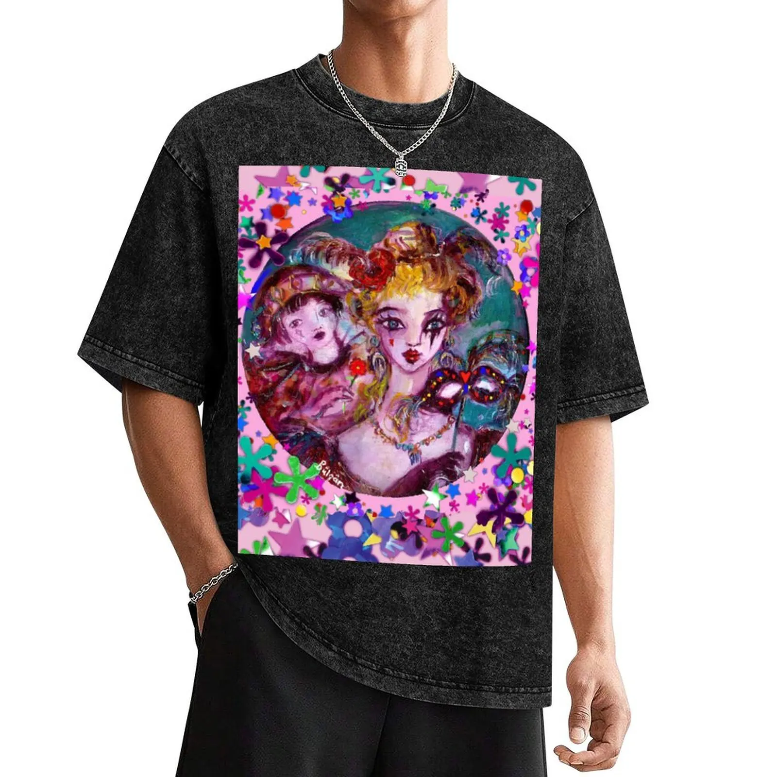 ROMANTIC VENETIAN MASQUERADE LOVERS,MASKS AND COLORFUL CONFETTI T-Shirt blanks anime figures heavyweights shirts men