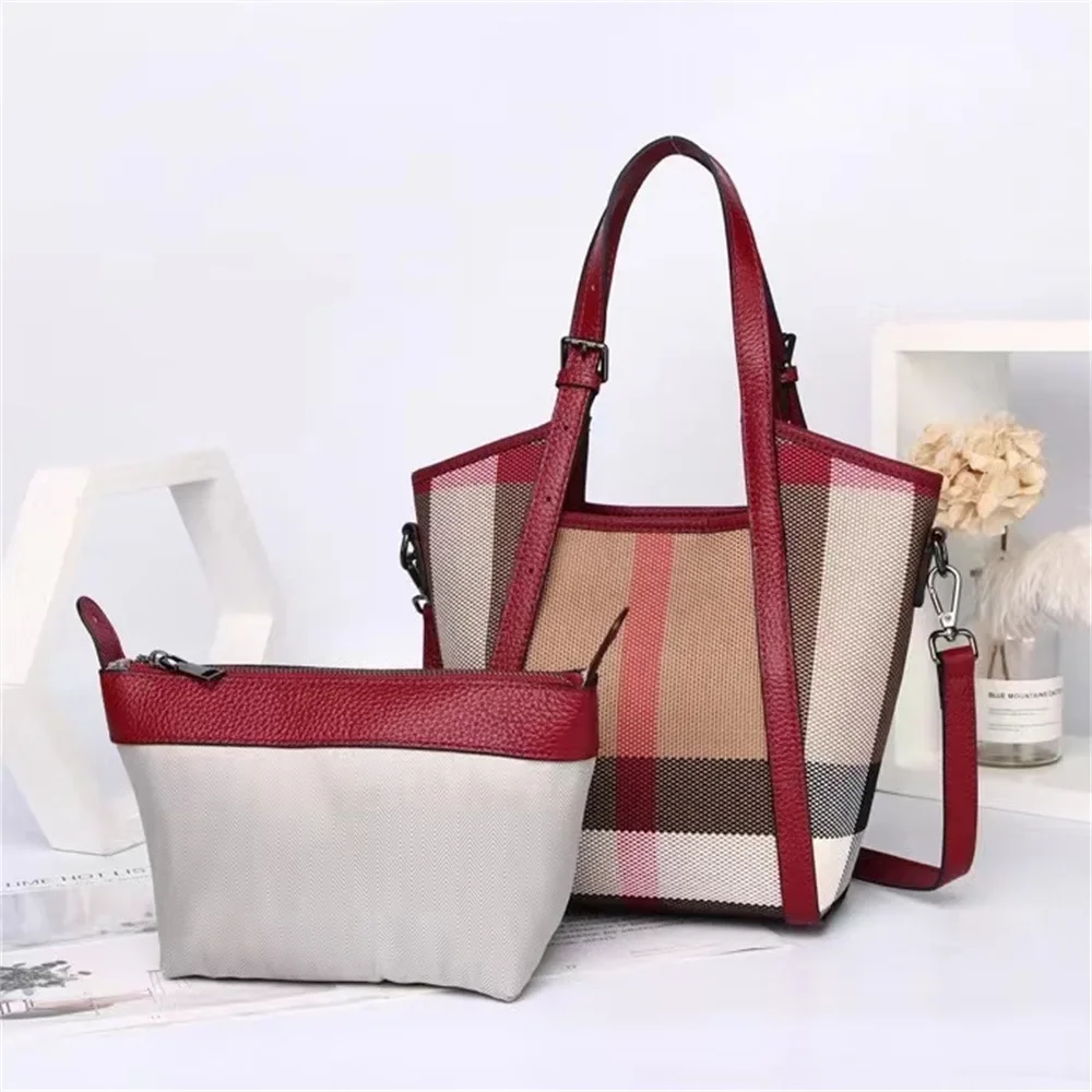 

Korean women's high-quality large capacity mother and child bag plaid water bucket canvas handbag shoulder bag tote bag