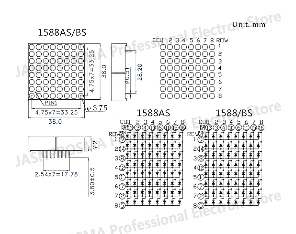 JASNPROSMA 8X8 3.75MM white LED 38X38mm 100PCS 1588AW 1588BW common anode cathode Display Module Dot Matrix Digital Tube screen