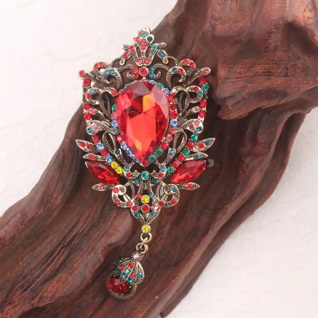 Vintage Bronze-Tone Red Crystal Brooch - Rhinestones, Dangle Drop, Intricate Ornate Design, for Formal Events, Ideal Gift