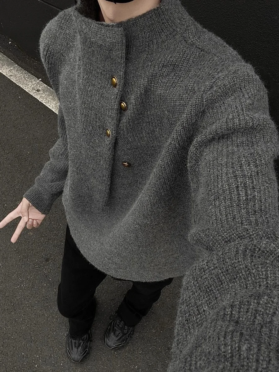 

American Sle Button up f High Ne Knitwear Men's Winter Base Layer Loose Sweater Trendy Long Sve Polyester Fiber