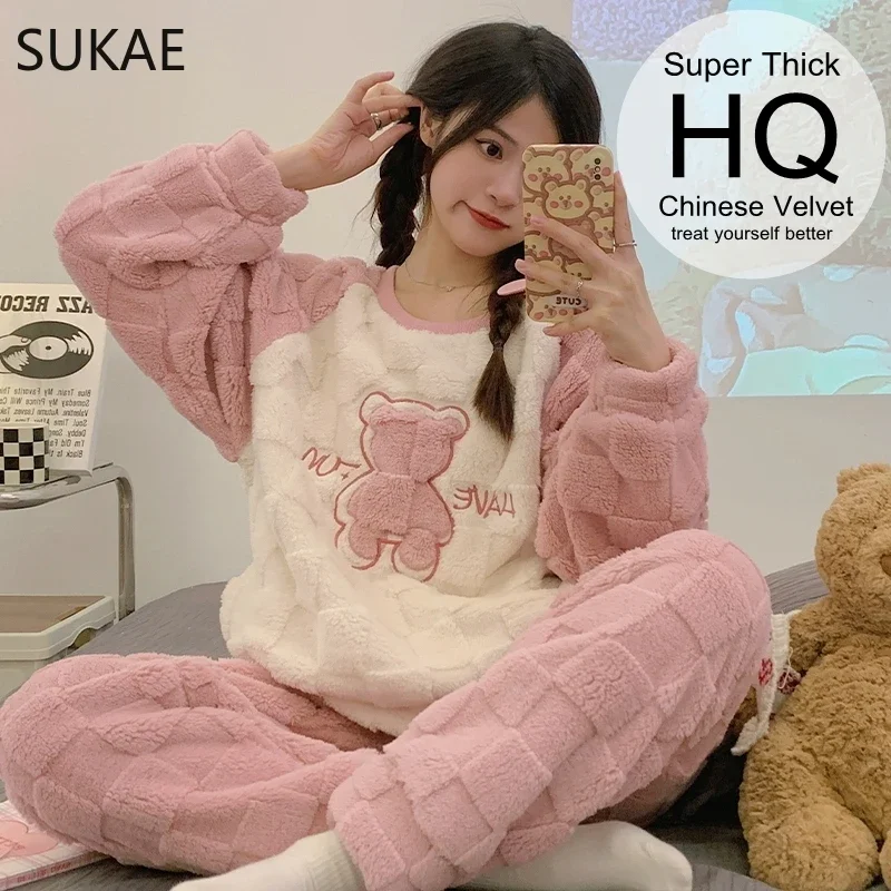 SUKAE HQ Chinese Thick Velvet Winter Women Thermal Pajamas Set Long Sleeves Pijamas Pink Bear Preppy Sleepwear Korean Pyjamas