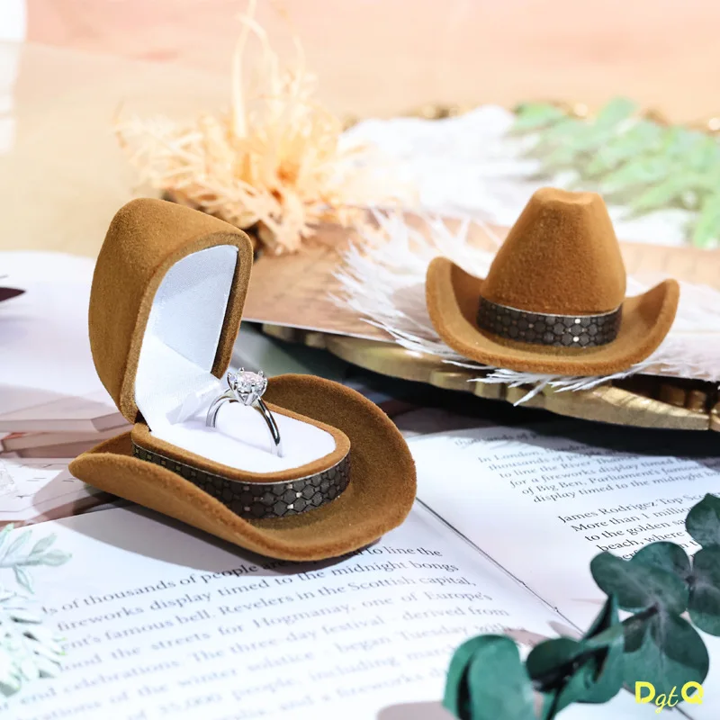 Creative Cowboy Hat Rings Box Personalized Cartoon Ring Box Western Cowboy Hat Flocked Storage Brown Jewelry Display Boxes