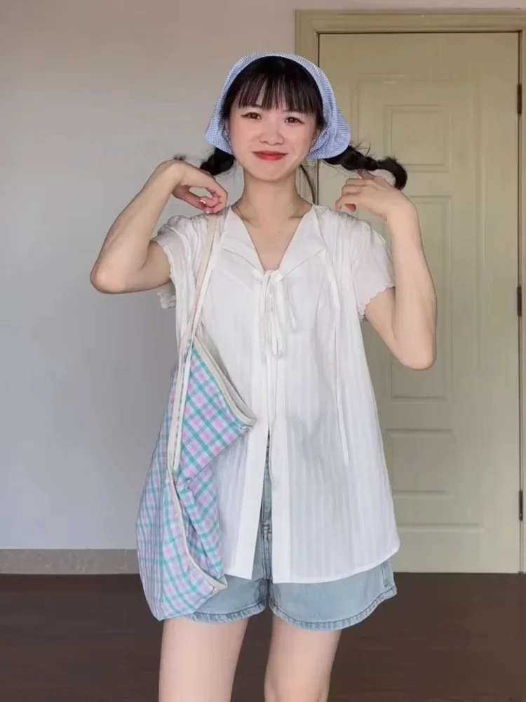 Damska bluzka w stylu Y2k z kołnierzykiem, bandażami, jednolita, codzienna, zapinana na guziki, grunge, luźna koszula Harajuku, streetwear, bluzki