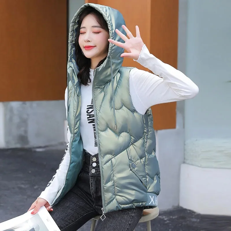 

2024 Autumn Down Cotton Vest Women Autumn Winter Sleeveless Hooded Coat Jacket Overcoat Quilted Padded Warm Thick Puffer Vest