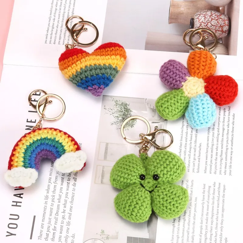 

Handmaking Crochet Rainbow Keyrings For Gifts Colored Flower Crochet Keychains Pendant Knitting Love Heart Keychain Wholesale