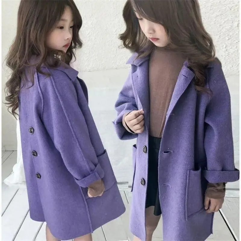 Girls Warm Woolen Coat Winter Girls Thicken Tweed Outerwear Big Kids Long Overcoat Autumn Fashion Loose Fitting Jackets