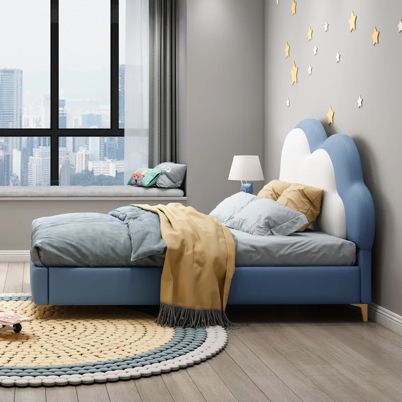 New Design Kids Bedroom Furniture Cartoon Girls and Boys Wooden Single Bed Frame PU Upholstered Children's Bed