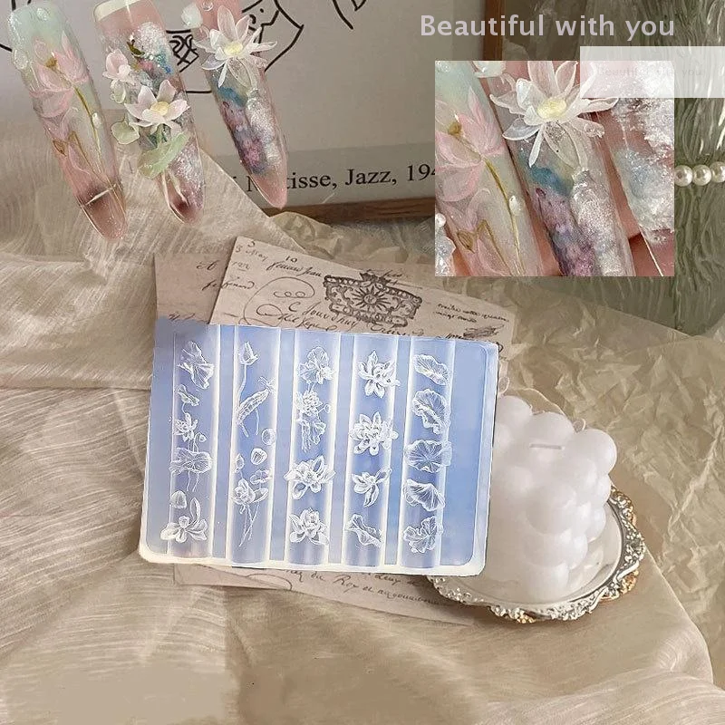 Molde de silicone para unhas de lótus, ferramenta de design de manicure transparente 3d, modelo de escultura ideal para arte em unhas com folhas de lótus diy