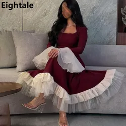 Eightale 2025 Burgundy A Line Tea Length Evening Dress Long Flare Sleeve Pearls Prom Dress Saudi Arabic Party Gown Customized
