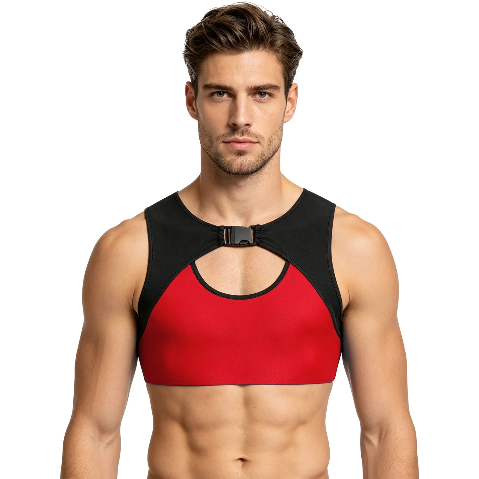 Mens Workout Crop Top Mesh Patchwork Front Hollow Out with Buckle Sleeveless Stretchy Vest Tank Top for Gym Wrestling Running