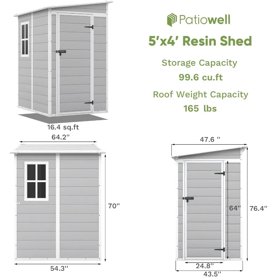 Outdoor storage shed for backyard use, plastic material, light gray color, includes floor and weather-resistant design