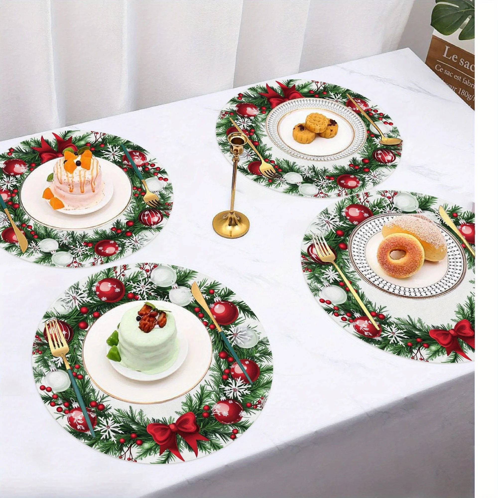 VIKAMA 4-Piece Christmas Pine Branch Snowflake Placemats Holiday Gathering Christmas Party Table Decor Accessories