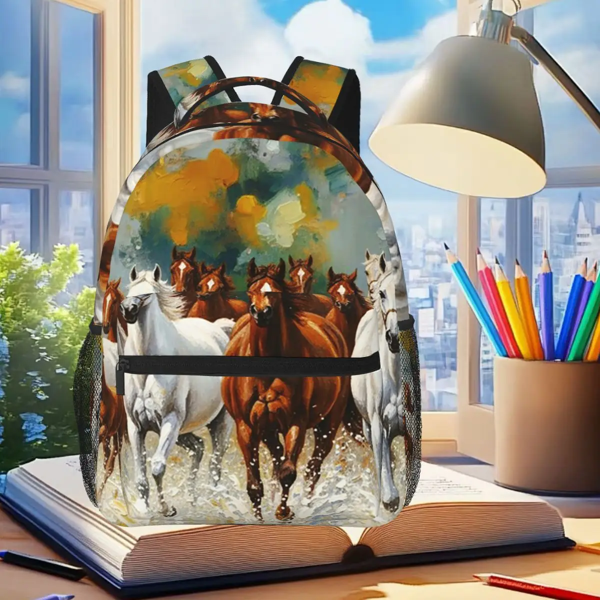 

Galloping Horses And Running Horse Backpack Student Boys Girls BookBag Kids School Bag Laptop Shoulder Bags for Men Women