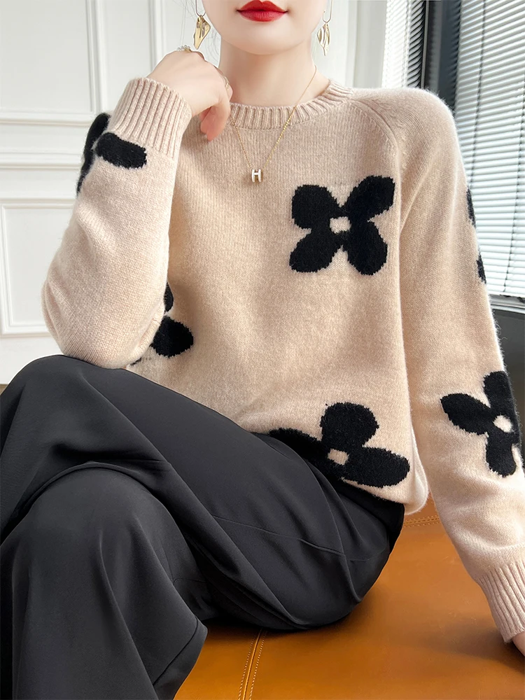 2024Autumn/Winter 100 Cashmere Sweater Women's Round Neck Thick Jacquard Knitted Base Sweater Loose Large Size Wool Sweater