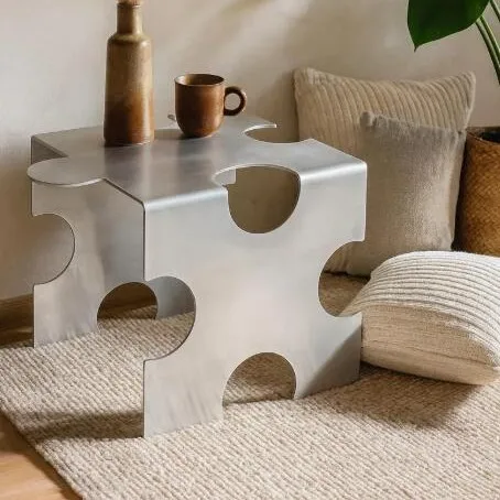 ag-Modern Art Deco Stainless Steel Jigsaw Puzzle Side/Coffee Table with Irregular Shape for Indoor Living Room Office Decor@