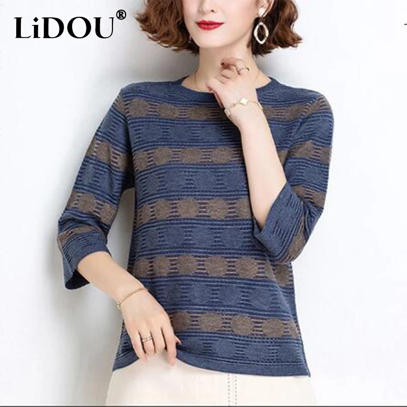 spring autumn Korean style ice silk striped print loose sweater women 3/4 sleeve casual fashion knitting pullover female clothes