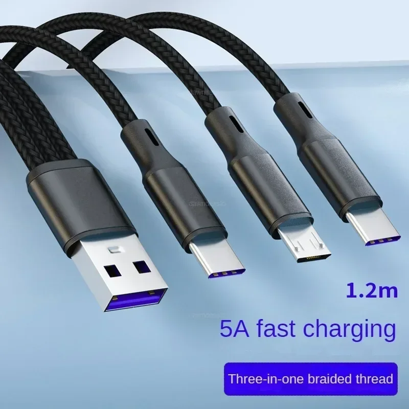 میں 1 USB چارج کیبل 3 Type-C 3 مائیکرو USB سپلٹر کورڈ فاسٹ چارجنگ 5A موبائل فون پاور بینک کے لیے ایک ساتھ 1.2m