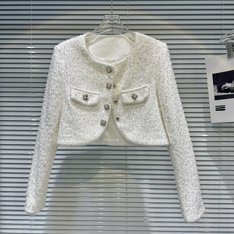 

2023 Autumn New Fragrant Diamond Metal Buckle Pearl Nail Bead Design Short Coat Women High Quality Jackets