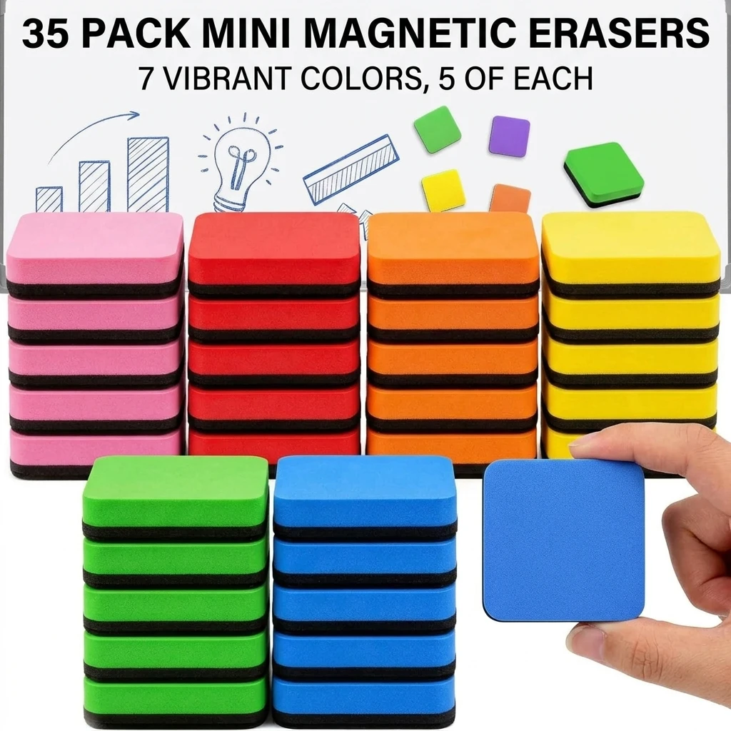 35 Pack Mini Magnetic Whiteboard Erasers EVA Felt Soft Wiping Surface for Kids Adults Home School Office Lightweight