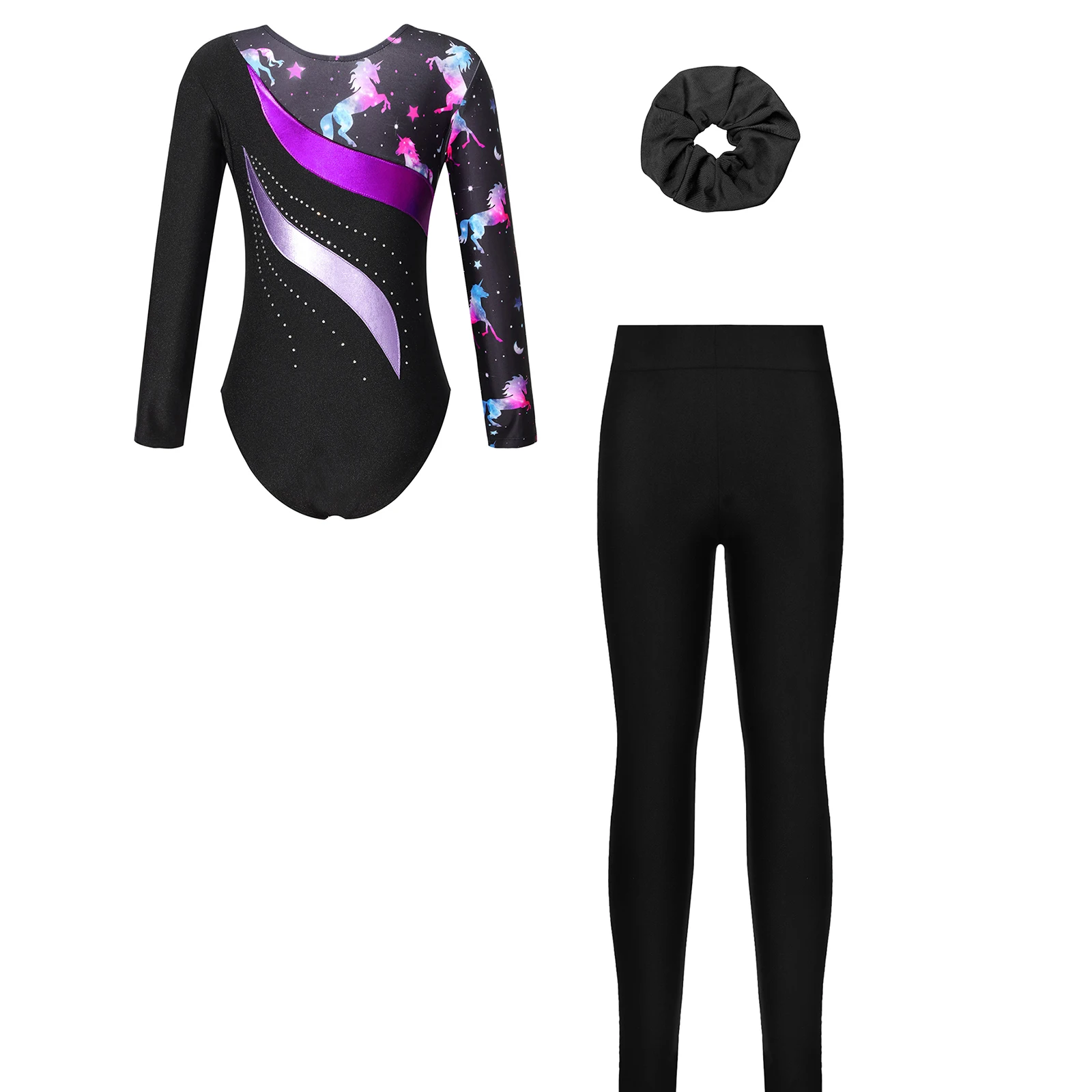 Kids Girls Long Sleeve Gymnastics Leotard Outfit Ballet Dance Unitard Rhinestones Biketard Matching Pants Scrunchies Sets