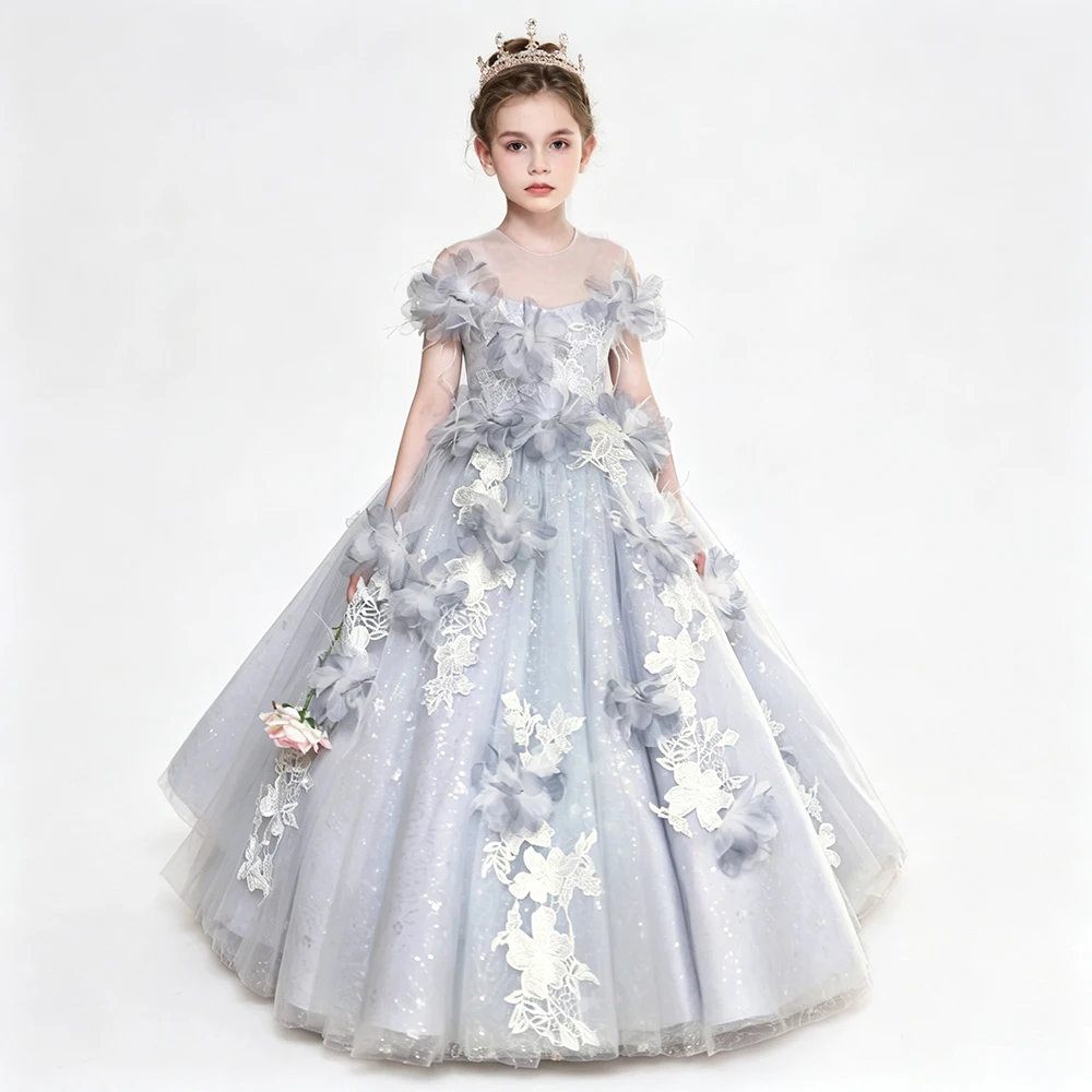 Grey Girls Evening Birthday Party Pageant Dress Off Shoulder Appliques Princess Kids Piano Performance Catwalk Model Show Gown
