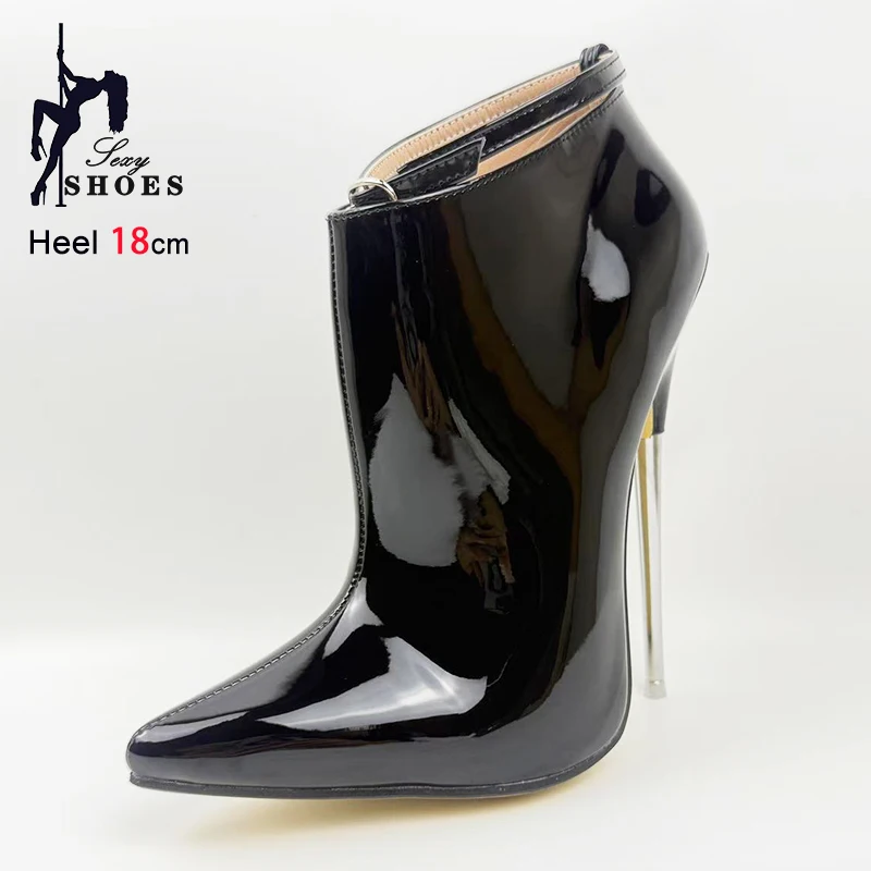 

2025 New Women Fashion Ballet Boots 18CM Ultra high heels Glossy Black Pointed Short Boots Metal Stiletto Side Zip Fetish Shoes
