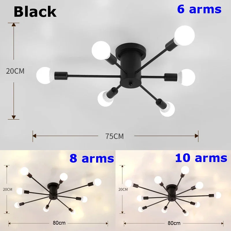 Luces de techo de hierro Retro, lámpara de araña Vintage, accesorio de iluminación para sala de estar, 6/8/10 enchufes, negro/blanco