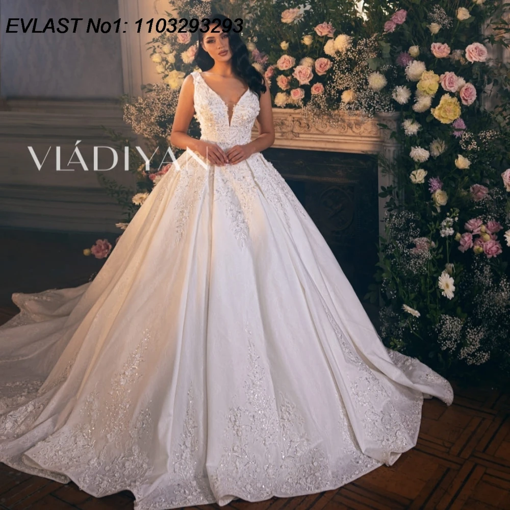 

EVLAST Customized Romanic 2025 A Line Wedding Dress Deep V Neck Lace Applique Diamond Beading Bridal Gown Robe De Mariee TBD146