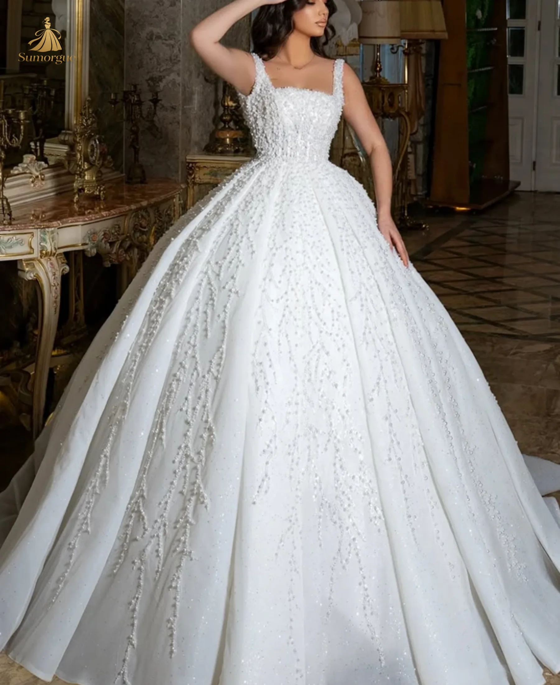 Shining Wedding Dresses Ball Gown Square Collar Sequins Beading Sleeveless Bride Dresses Vestidos De Noiva high Customized