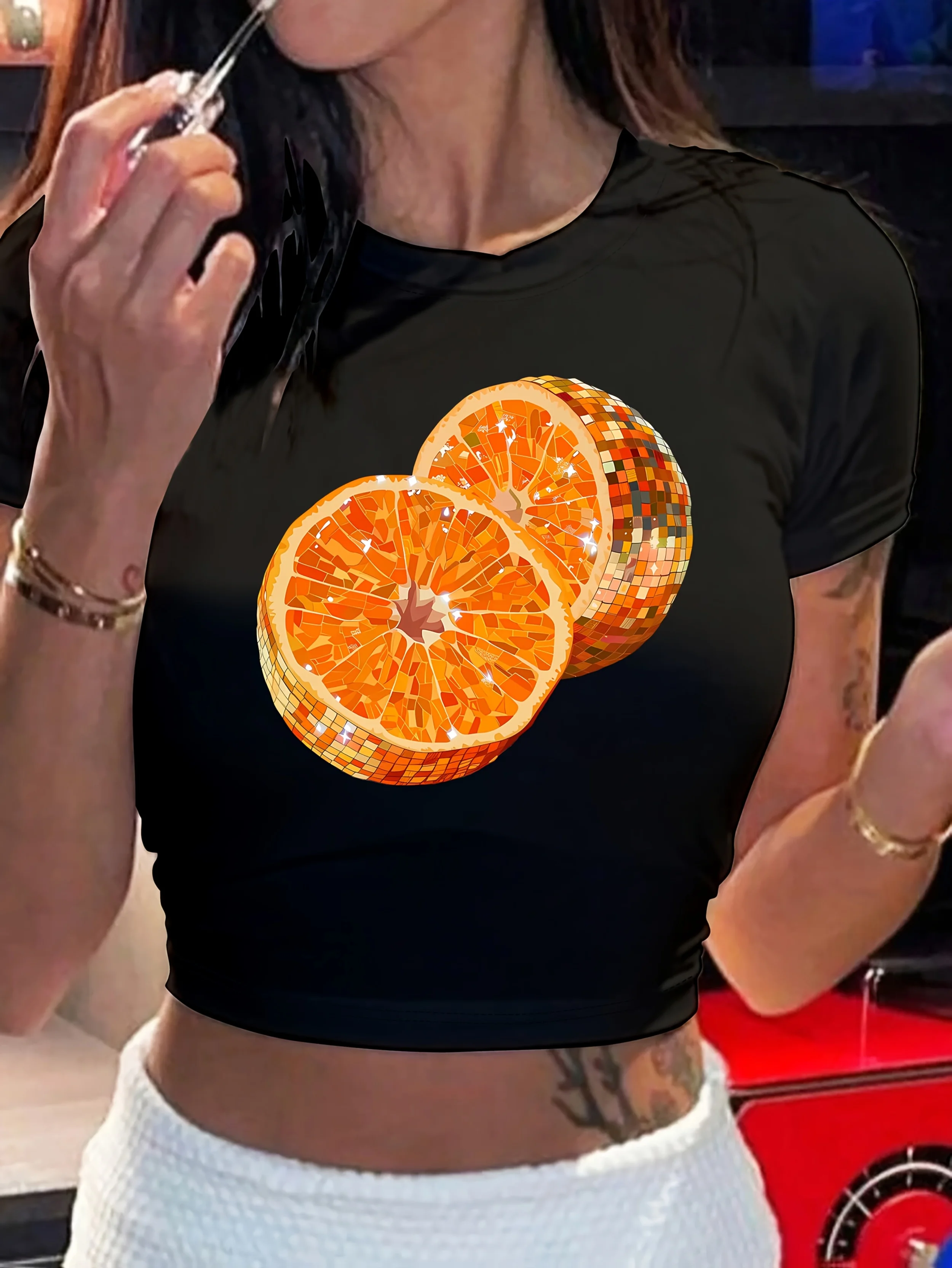 

Women's Casual Short Sleeve T-Shirt with Sequined Orange Print Crop Tops Sexy Hip-Hop Streetwear Woman Clothing Y2k Ladies Cloth