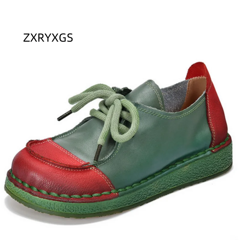 ZXRYXGS Classic Retro Mixed Color Splicing Premium Full Genuine Leather Shoes Woman Flats 2025 Lace-up Comfortable Trendy Shoes