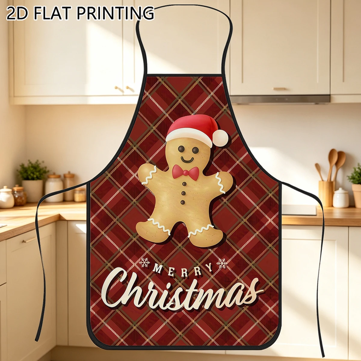 1pc Christmas Gingerbread Man Pattern Apron For Baker Cooking Holiday Kitchen