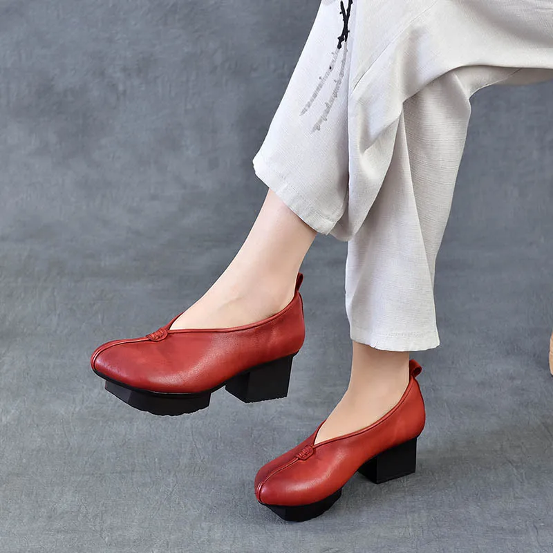 

Premium Cowhide Women Genuine Leather Shoes Thick Mid Heels 2025 New Elegant Comfortable Shoes Retro Style Trendy Shoes