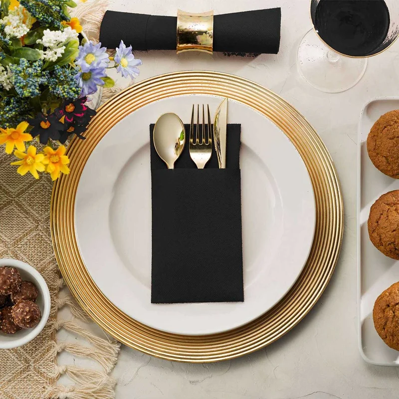 AAAU-300PCS مناديل عشاء للاستعمال مرة واحدة مع جيب مدمج لأدوات المائدة، قماش مسبق الطي مثل المناديل الورقية باللون الأسود #6