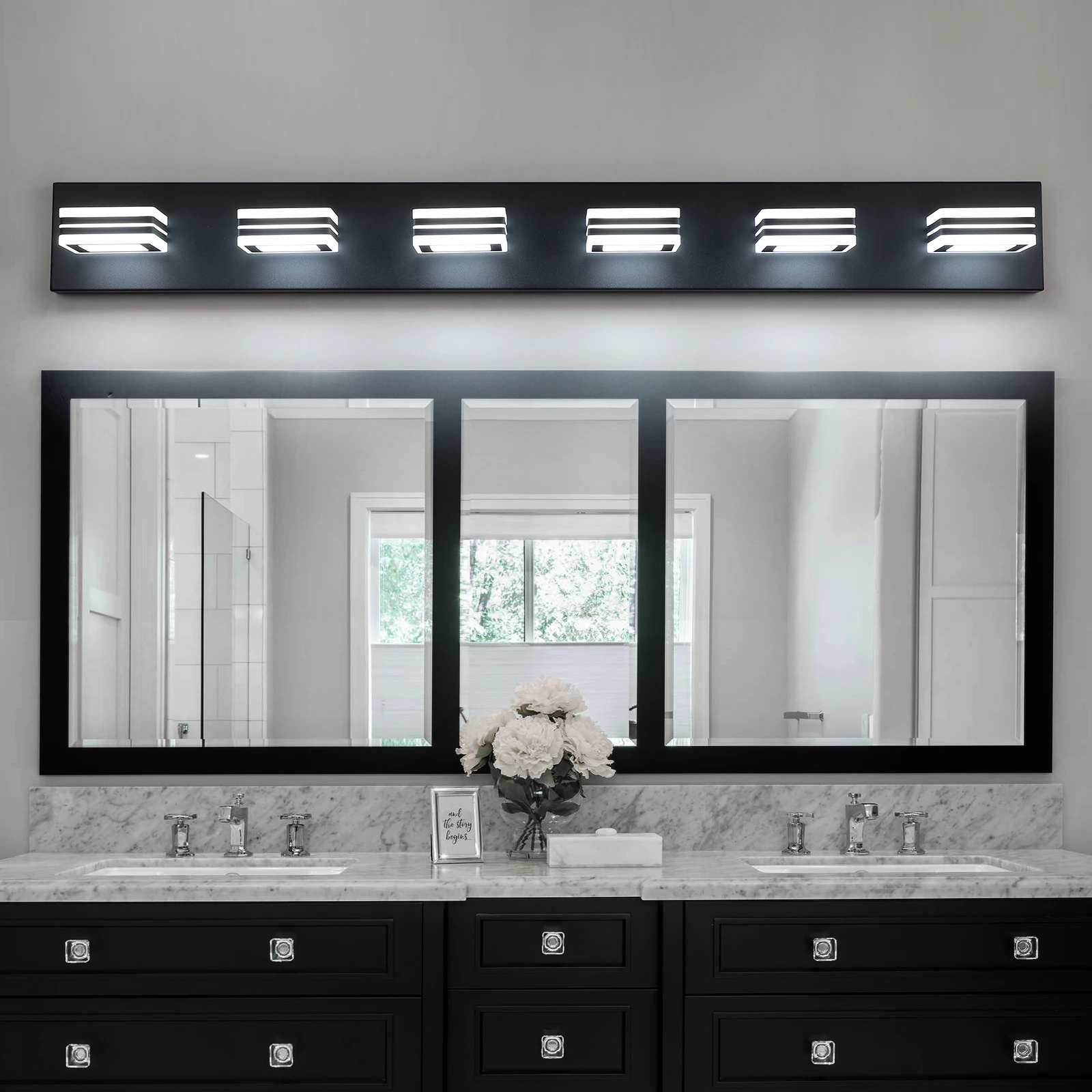 LED Modern Black Vanity Lights, 6-Lights Acrylic Matte Black Bathroom Vanity Lights Over Mirror