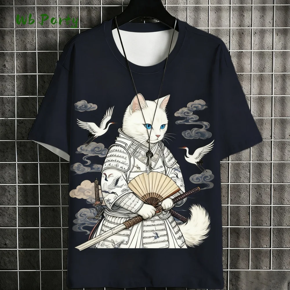 

2025 Japanese Men's T-Shirt Style Samurai Cat Animal 3D Print Tee Shirts O-Neck Tops Outdoor Oversized Men's Short Sleeve Shirts