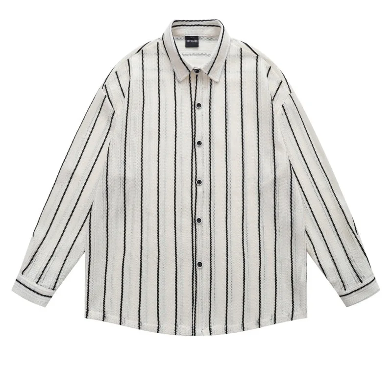 Japanese retro vertical striped long sleeved shirt for men in autumn, fashionable and versatile, loose and casual, simple shirt
