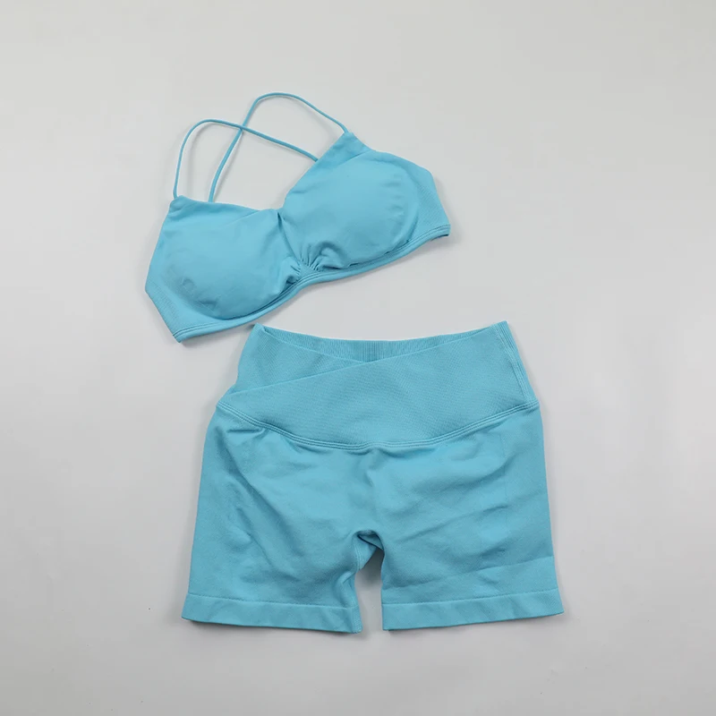 Seamless Yoga Set Scrunch Sports Bra Cross V Waist Running Shorts 2 Pieces Set Gym Clothes Woman Sportswear Fitness Outfits