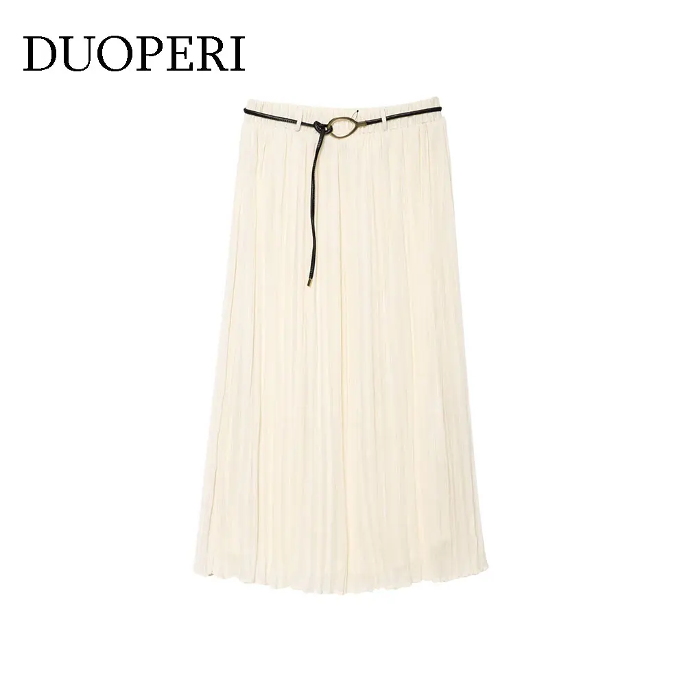 

DUOPERI Women Fashion With Belt Beige Pleated Midi Skirt High Waist Female Elegance Chic Lady Casual Skirts
