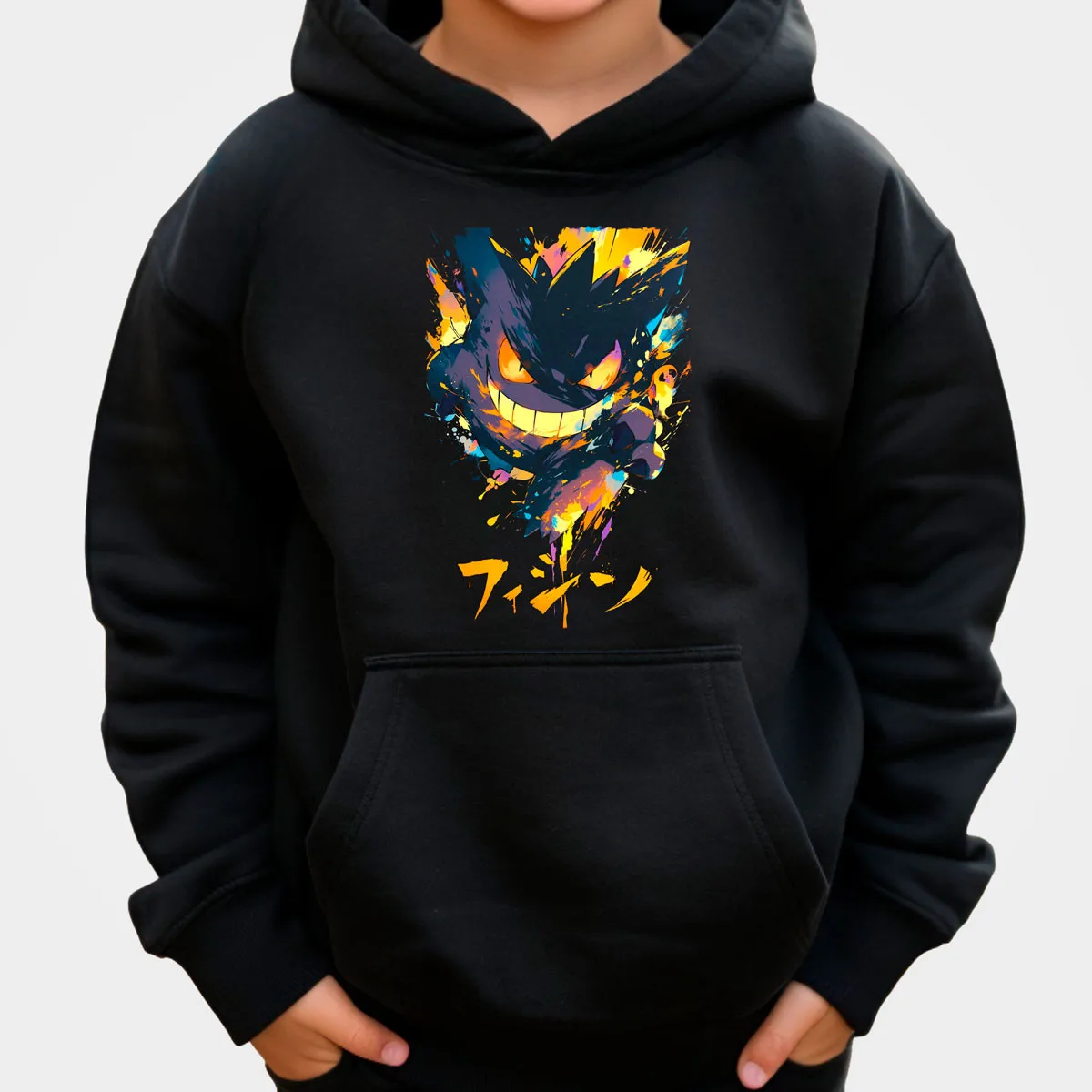 Pokemon Anime Gengar Sudadera con capucha de algodón Color negro Estampado de salpicaduras colorido con Fiery Aura Ajuste suelto Otoño Invierno Calor
