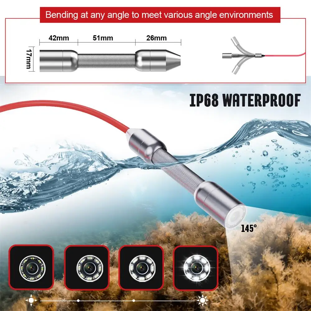 17mm Pipeline Inspection with 8Pcs Led Lights Drain Pipe Sewer Snake Video Camera Head Wall Inspection Camera Replace Head
