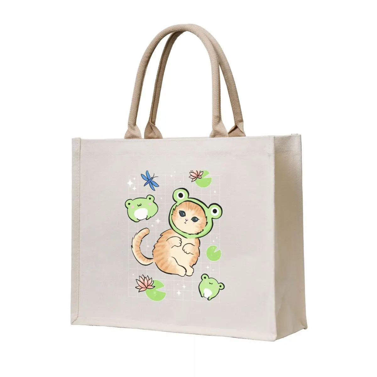 

Kawaii Toads and Cat in Frog Hat: Retro 90s Cottagecore Aesthetic with a Funny Kitten in Frog Costume Tote Bag