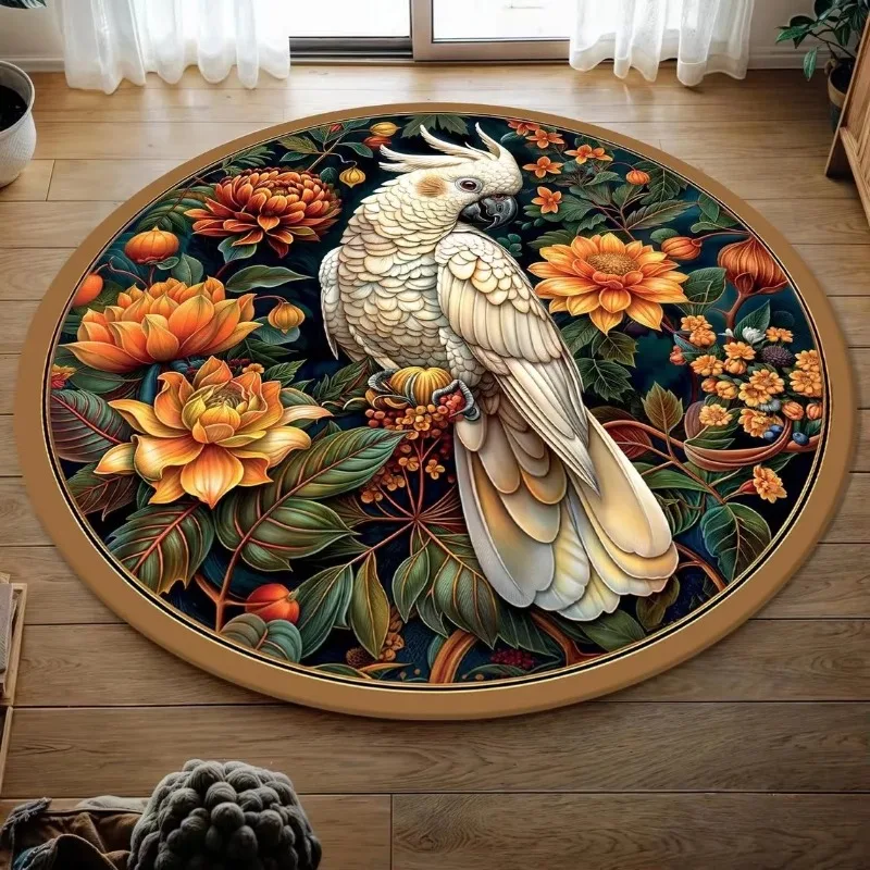 Floral Round Rug with Cockatoo Design, Washable Carpet Boho Vintage Crow Rug for Living Room, Bedroom, Home Decor Floor Mat