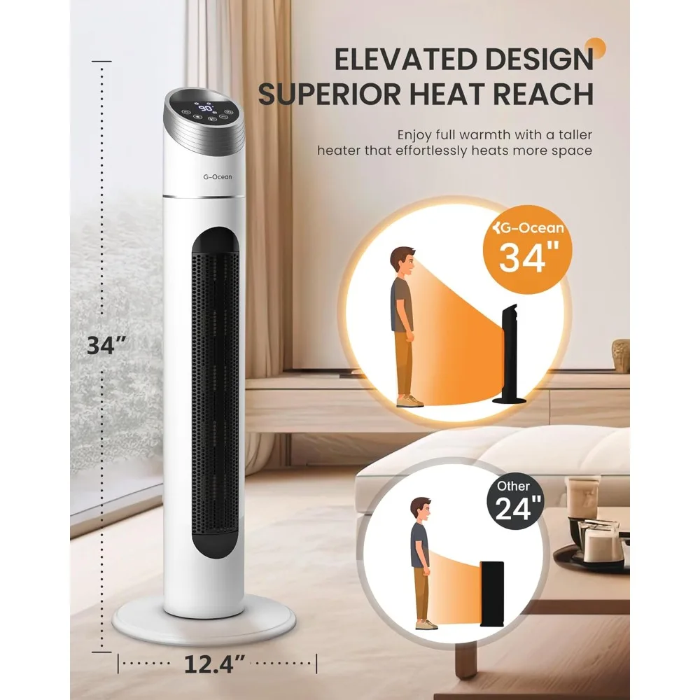 Space heater, 34 inch large room space heater with remote, 1500W tower heater, 70 ° oscillation