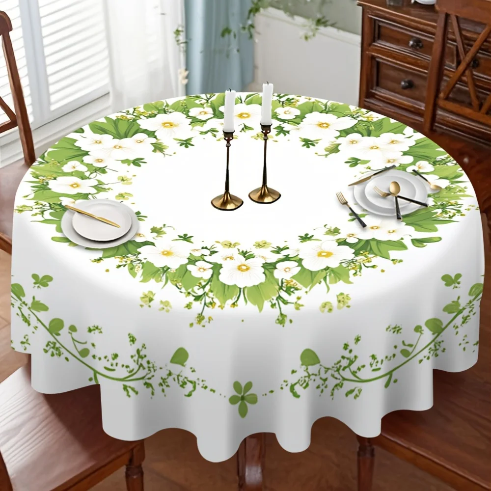 One green floral round tablecloth design, suitable for compact restaurant areas.